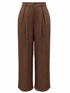 Elegant Plus Size Women's Wide Leg Pants with Side Pockets, Comfortable Loose Fit, Casual Pants, Casual to Formal Wear, Office and Leisure Clothing, Dark Brown