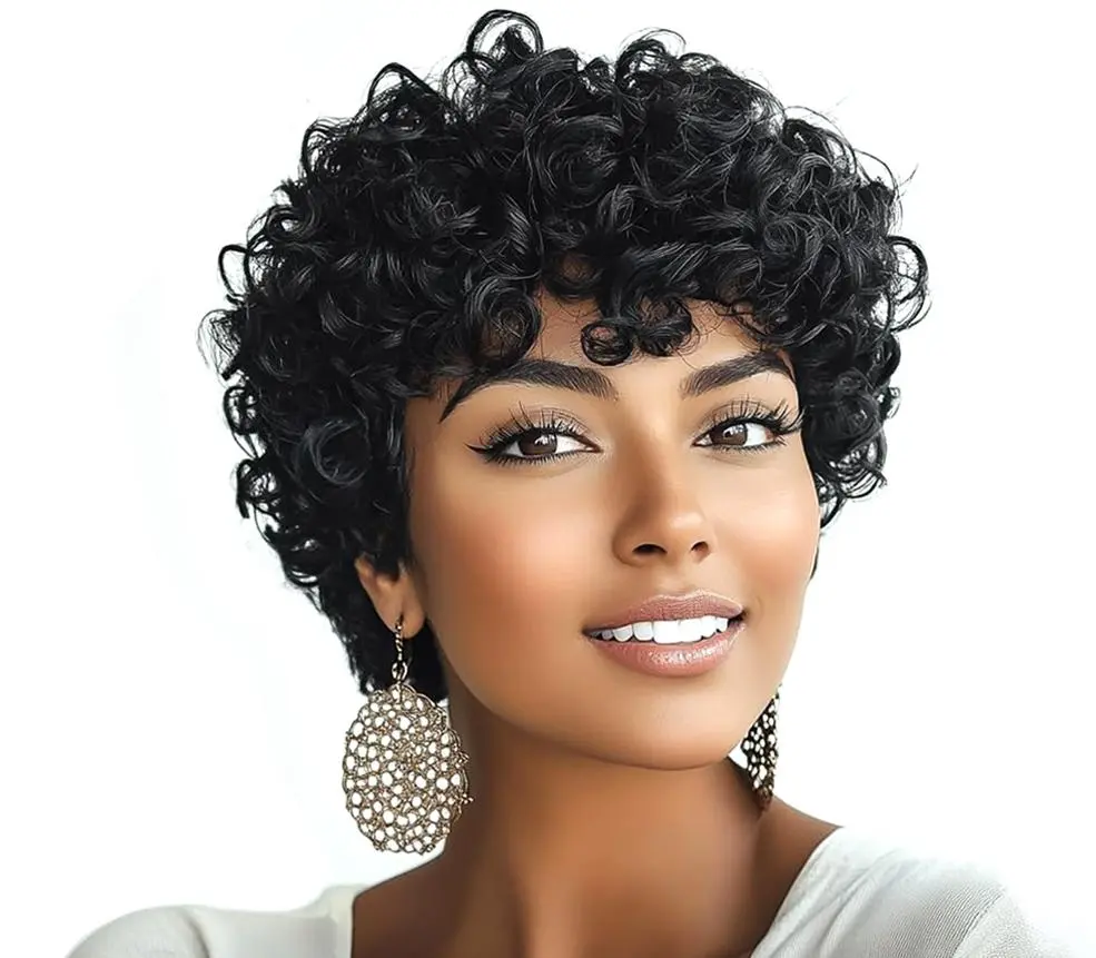 GIESWY 6in Short Kinky Curly Afro Wig for Black Women, Beginner Friendly Glueless Bob with Bangs, Fluffy 150% Density Blended Hair, Kinky Curly Wig, Glueless Bob Wig