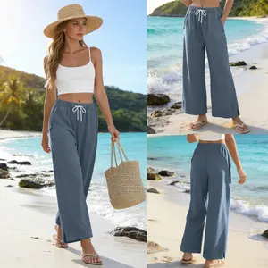 Womens Baggy Wide Leg Palazzo Pants Casual Loose Drawstring Elastic Waisted Lounge Trousers with Pockets