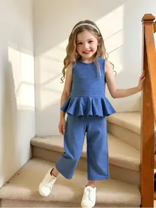 Summer New Girl Fashion Casual Set, Ruffled Hem Top & Sleeveless Short Sleeve + Loose Long Pants, Daily Wear, Girls' Stylish