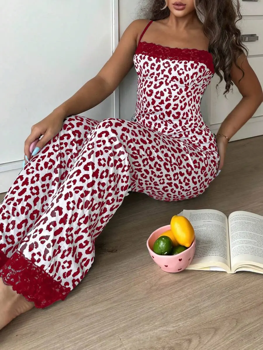 Coquette Leopard Print Pajama Set for Women Lace Trim Cami Top & Wide Leg Pants Romantic Sleepwear Aesthetic Lounge Set