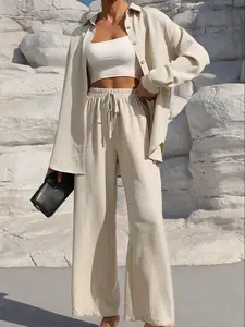 【Plus Size】 Two-Piece Set Solid Button Front Shirt & Drawstring Waist Pants Set, Casual Drop Shoulder Long Sleeve Top & High Waist Trousers for Daily Wear, Women's Two-piece Outfits for Spring & Fall,Airport Outfit, Loose Fit Set