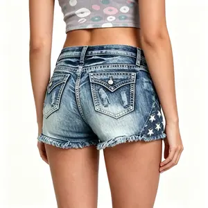 Women's Stretchy Mid-High Rise Ripped Shorts, Y2K Star Embroidered Low Rise Denim Shorts Frayed Hem