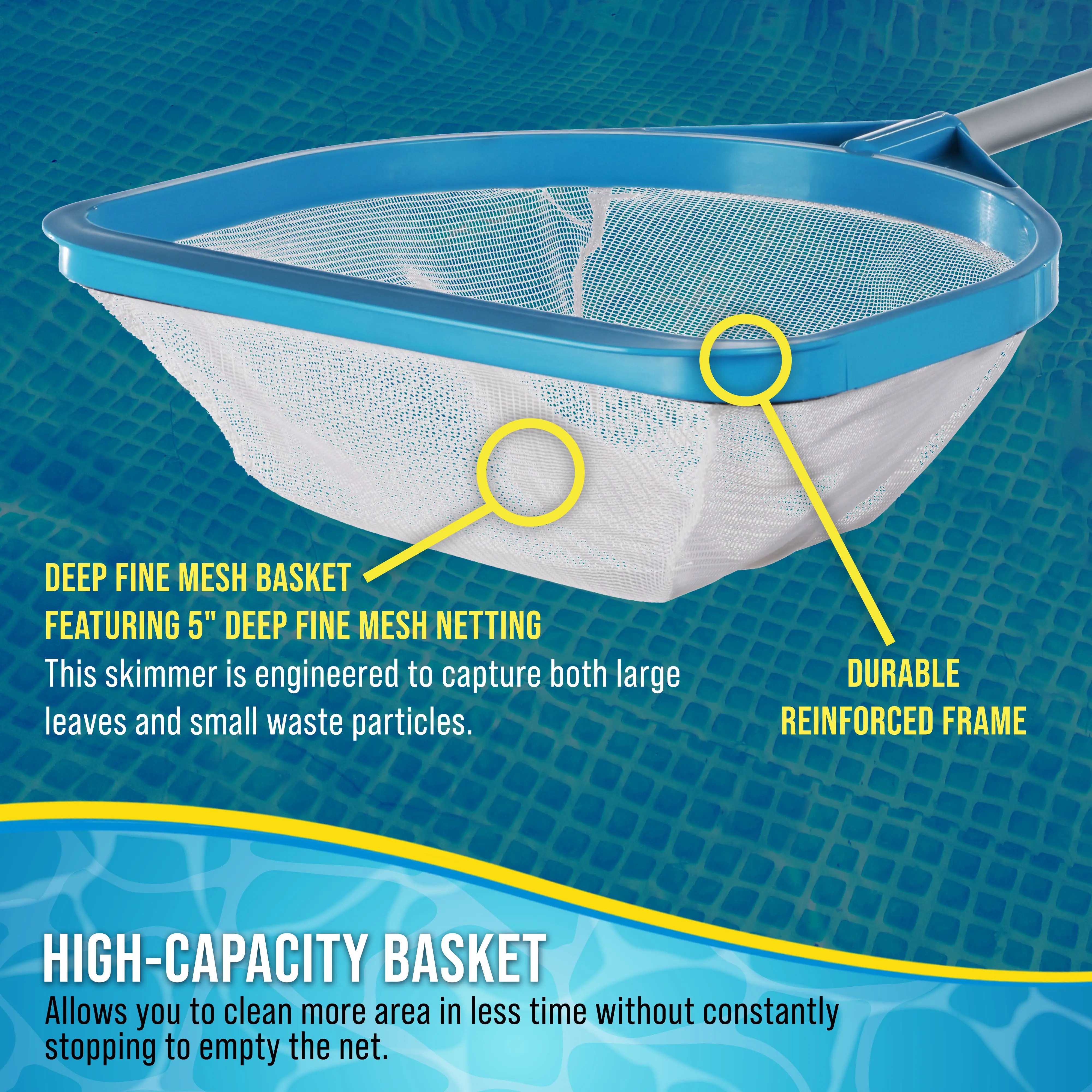 Pool and Spa Skimmer Net with Pole, Handheld Fine Mesh Pool Leaf Skimmer Net - Hand Held Spa, Hot Tub, Pond Cleaning - Step-Up 32" to 5 Feet Long, 5" Deep Netting, Scoop Skim Leaves