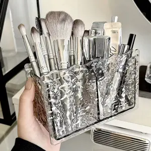 Water Ripple Pattern Double-Compartment Makeup Brush Storage Box, luxurious water ripple 2-compartment makeup brush holder, transparent acrylic cosmetic storage box, 2-layer desktop pen holder, high-end glacier pattern design, perfect for storing makeup b