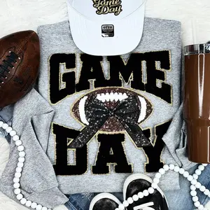 Black Chenille Football Game Day with Sequin Bow Patch