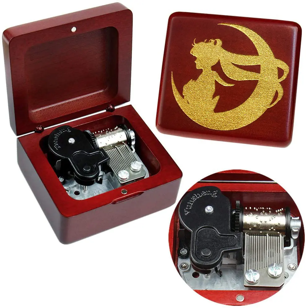 Sinzyo Sailor Moon Clockwork Music Box - Vintage Wooden Body Decor with Handheld Play, Sound Clarity, Wine Red Box, Gift for Birthday/Anniversary with Gift Wrap Option