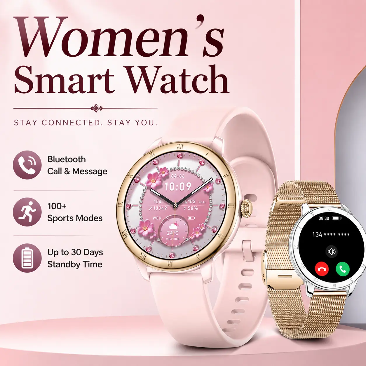 EIGIIS Women's Charging Magnetic Smartwatch (Wearable Model) - 1.27in HD Screen, Wireless Waterproof, Call/Message Answering, DIY Dial, Music Player, Camera Control, 100+ Sports Modes, Pedometer, iOS/Android Compatible, Pink Silicone Strap, Women's Gift