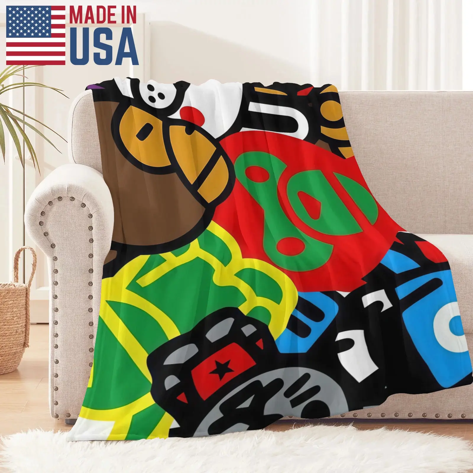 Bold Color Block Graffiti Art Fleece Throw Blanket, Abstract Cartoon Geometric Shape Flannel Blanket for Sofa Bedroom Decor Street Art Abstract Graphic Flannel Blanket, Bright Color Block Cartoon Print Lightweight Fleece Blanket Home Decor Gift