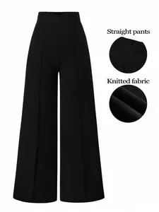 Women's Plus Size Tummy Control Crossover High Waist Wide Leg Pants High Stretch Knitted Elastic Waist Office Workwear Business Casual, Casual High Waisted, Solid Black All Season