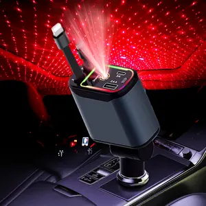 4-in-1 Electronic Smartphone Car Charger,66W Super Fast Charging Retractable Automotive Charger with Star Project Night Light,Carplay Adapter Support,LED Decorative Ceiling Lights USB Car Adapter Compatible with iPhone and Samsung