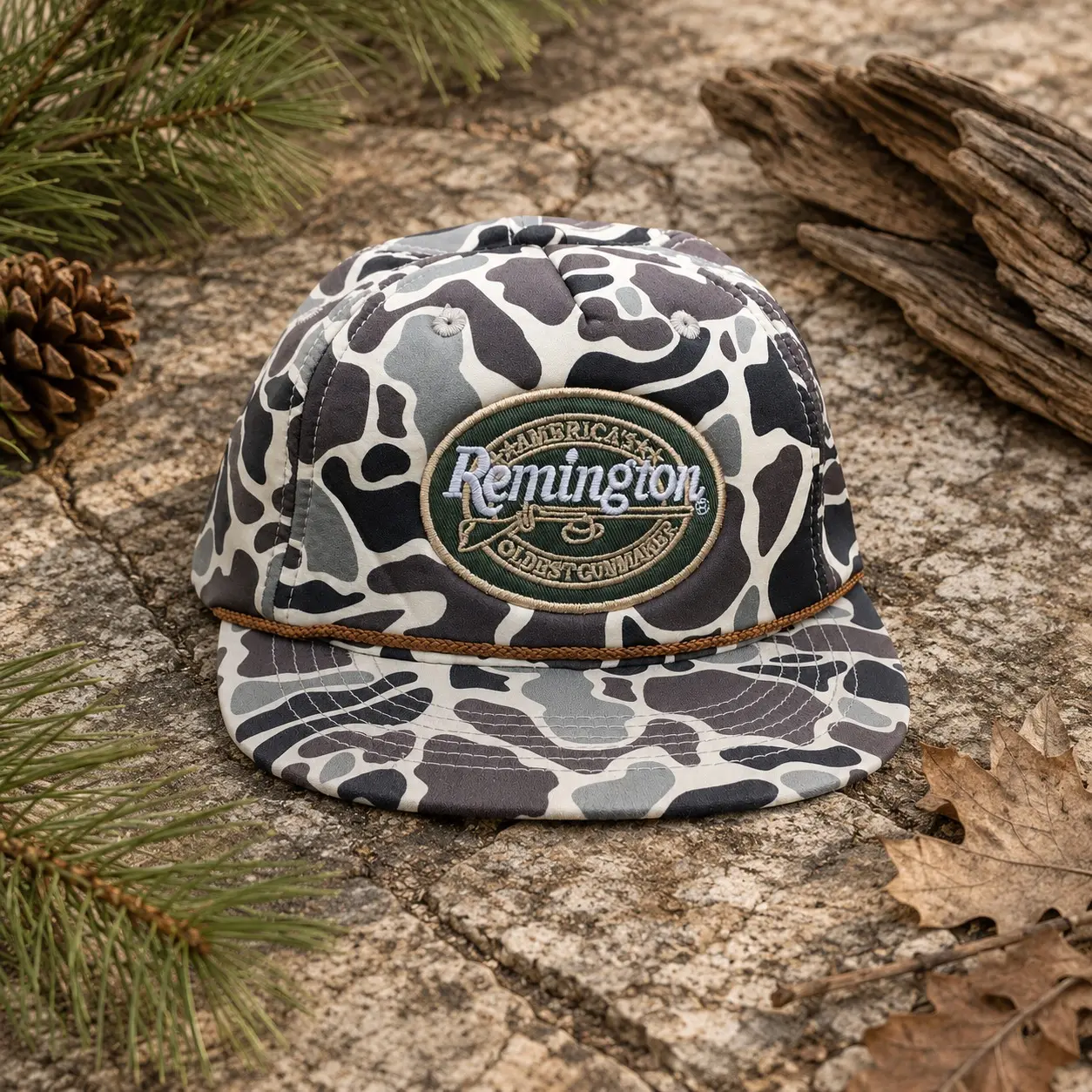 Remington American Oldest Gunmaker Camo Hat, Embroidered Hunting Rope Cap, Vintage Camouflage Outdoor Snapback Hat for Men