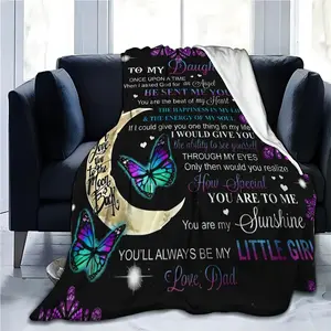 To My Daughter From Dad Blanket Moon Butterfly Design Ultra Soft Flannel Throw with Heartfelt Message Cozy Gift for Birthday Christmas Graduation Father's Day Decor Love
