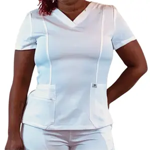 Ameik Amour’s ‘Modesty’ V-Neck Scrub Top Women Scrub Sets Hospital Uniforms Stretch scrubs Cute Workwear Scrub Shirt Women Scrub Top Contacts Scrub Sets Comfort Womenswear Basic Style Polyester Spandex Lady Minimalist Shortsleeve Clothing Pocket Outfit