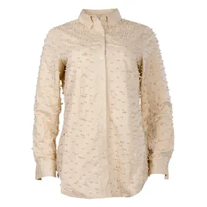 Beige Pearl Shirt - Button-Up Long Sleeve Blouse with Pearl Embellishments for Women's Comfortable Basic Wear