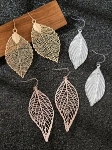 3 Pairs Fashion Leaf Pendant, Rose Gold Silver Color, Elegant Hollow Design, Perfect for Parties and Gifts, High Quality Earrings