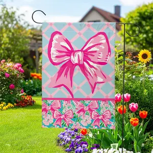 12x18 Linen Pink Bow Garden Flag, Double-Sided Welcome Sign, Baby Shower Nursery Decor, Front Porch Spring Outdoor Home Aesthetic Gift