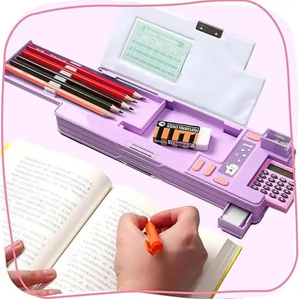 Anime Style Multifunction DIY Pencil Case with Calculator, Pencil Sharpener and Curriculum, Multiple Cute Patterns, Suitable for Elementary School Girls, Boys, Great Gifts for Kids