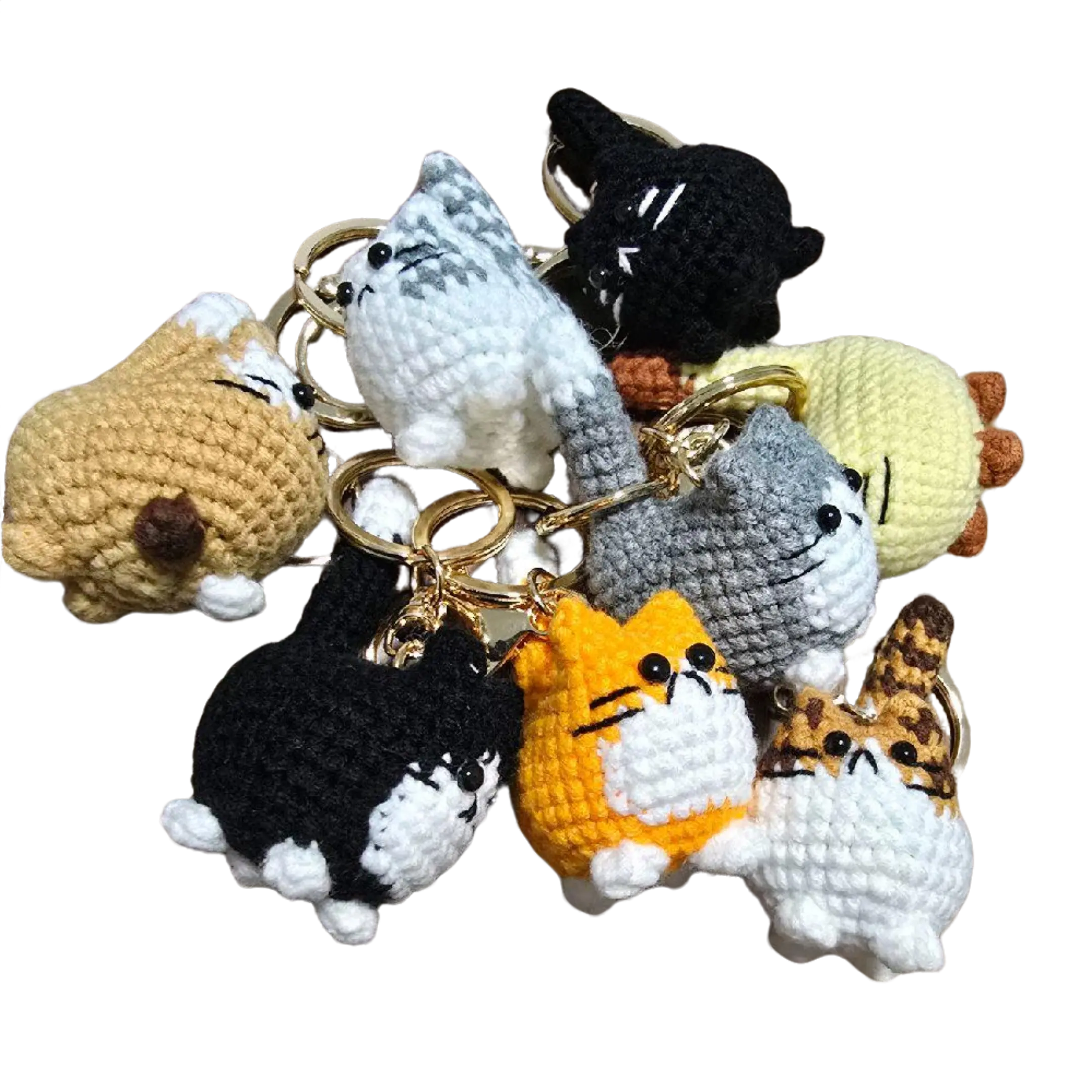 Crocheted Cat Keychain, Handmade Amigurumi Stuffed Animal Plushie, Wool Keychain Doll and Bag Charm for Cat Lovers, Fluffy Keychain