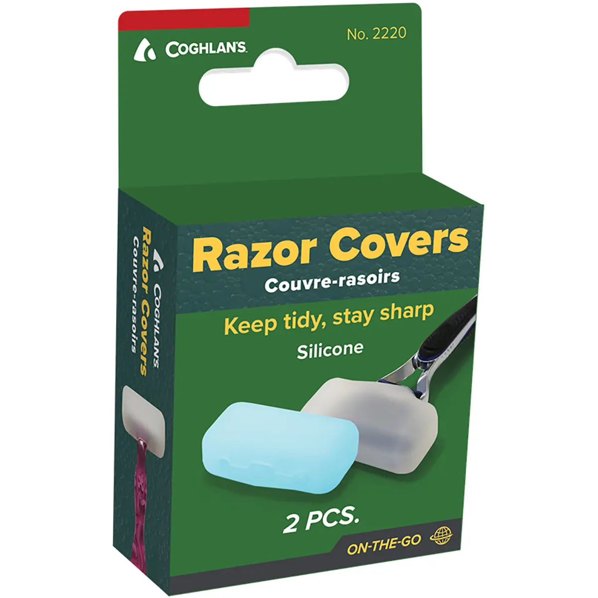 Coghlan's Universal Fit Silicone Razor Covers, 2-Pack Protector Kit for Travel, Fits Most Disposable & Cartridge Razors, Food-Grade Silicone, Shaving Accessories, Dishwasher Safe