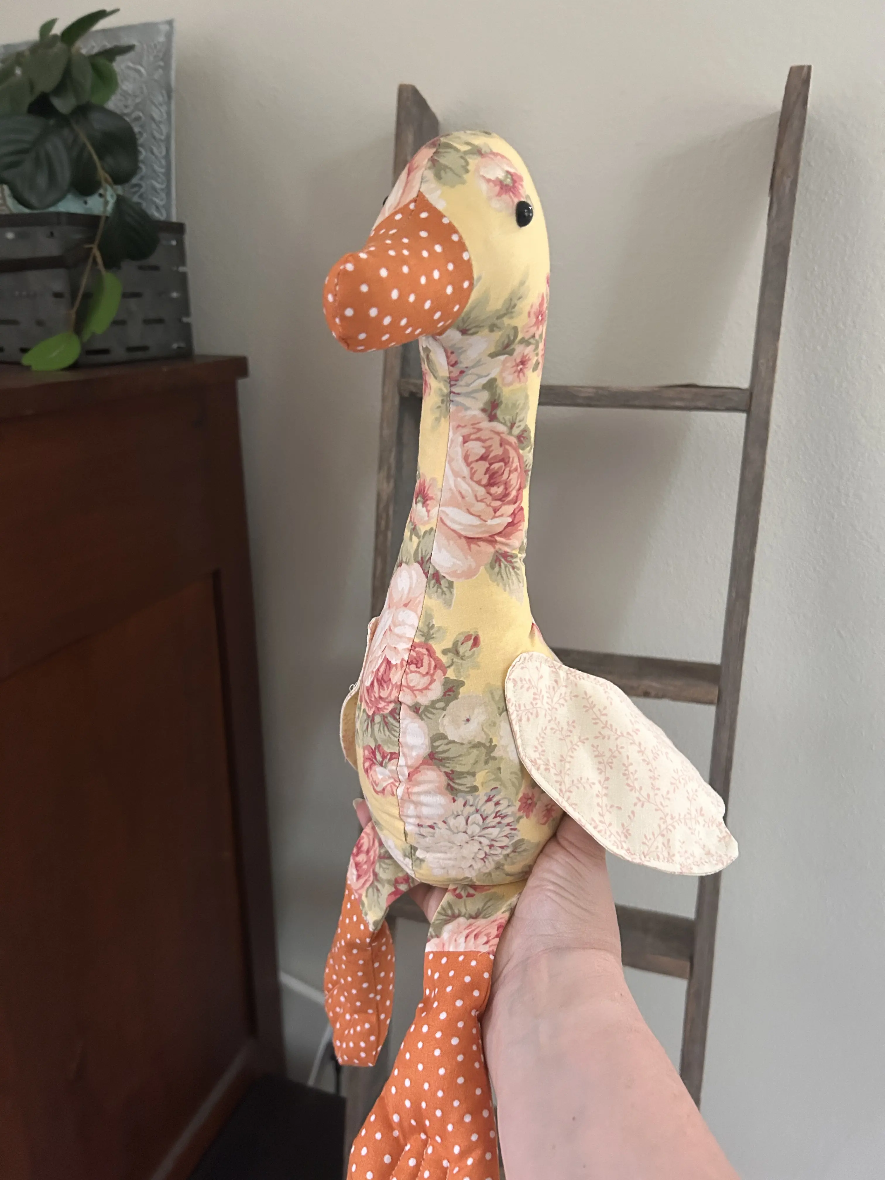 14” Couch Goose Cottage Core Stuffed Goose with Yellow Floral Pattern and  Creamy Pink Wing for Cozy Decor Handmade Unique Design