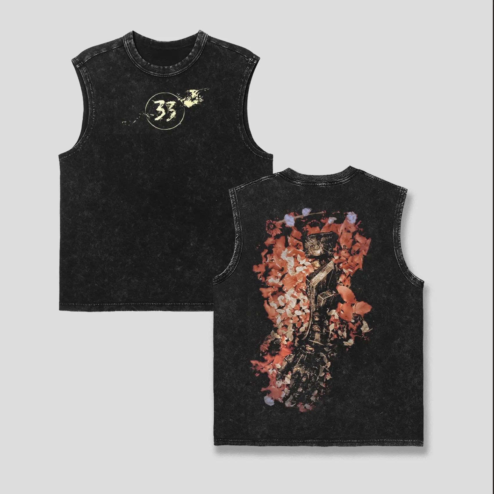 Clair Obscur Expedition 33 Vintage Washed Tee Unisex Heavyweight Cotton T-shirt  Tanktop for Game Fans,Distressed Gold “33” & Red Petal Gamer Tee Casual Cotton Tee Casual Fashionable Top Casual Chic Minimalist Fabric Womenswear Day
