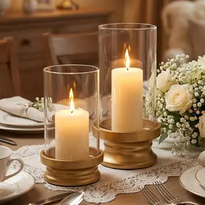 Gold Hurricane Candle Holders Set of 2 with Glass Modern Pillar Candle Stands for Fireplace Mantel Dining Table Centerpiece Home Decor 7.1 & 9 High