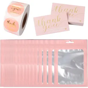 620Pcs Pink Gold Foil Thank You Set for Small Business Owners includes 100 Thank You Business Cards 500 Thank You Stickers 20 Resealable Packaging Bags