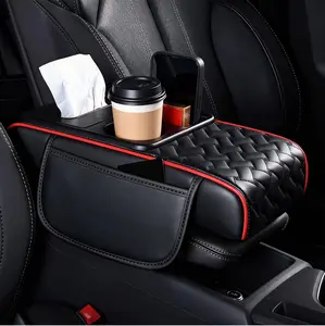 Car Center Console Armrest Pillow, Memory Foam Leather 4 in 1 Vehicle Arm Rest Cover with Tissue Box 2 Side Storage Bag Cup Holder, Auto Armrest Cushion, Universal Fit