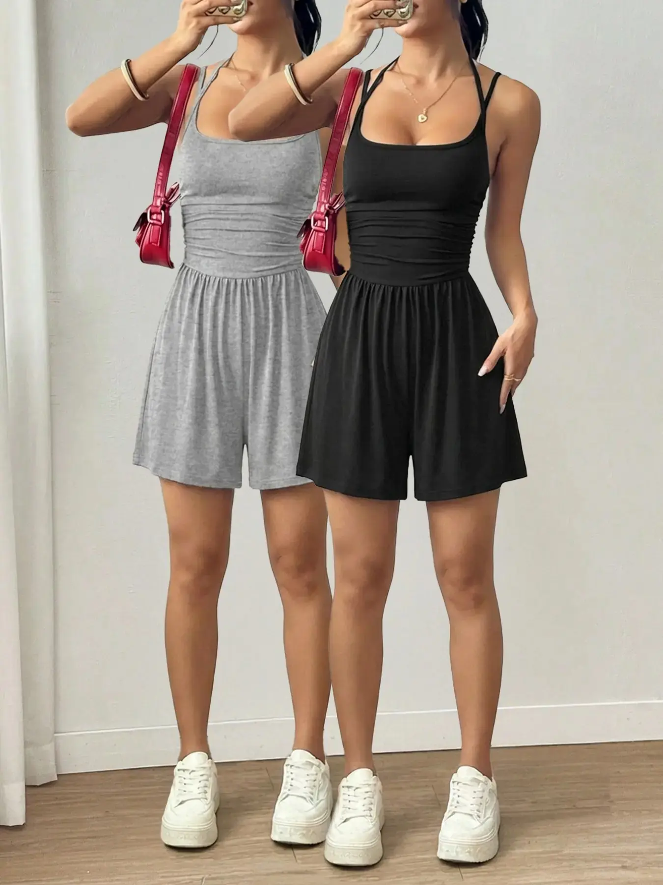 2-Pack Women's Halter Ruched Soft Fitted Romper, Casual Comfy Overalls Sleeveless Square Neck Jumpsuit, Basic Minimalist Solid Knit Camisole Playsuit, Slim Fit Versatile Outfit for Daily Wear, Loungewear & Going Out.