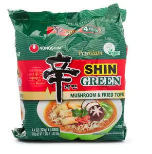 Nongshim Premium Shin Spicy Instant Ramen, Food with Green Mushroom and Fried Tofu Toppings