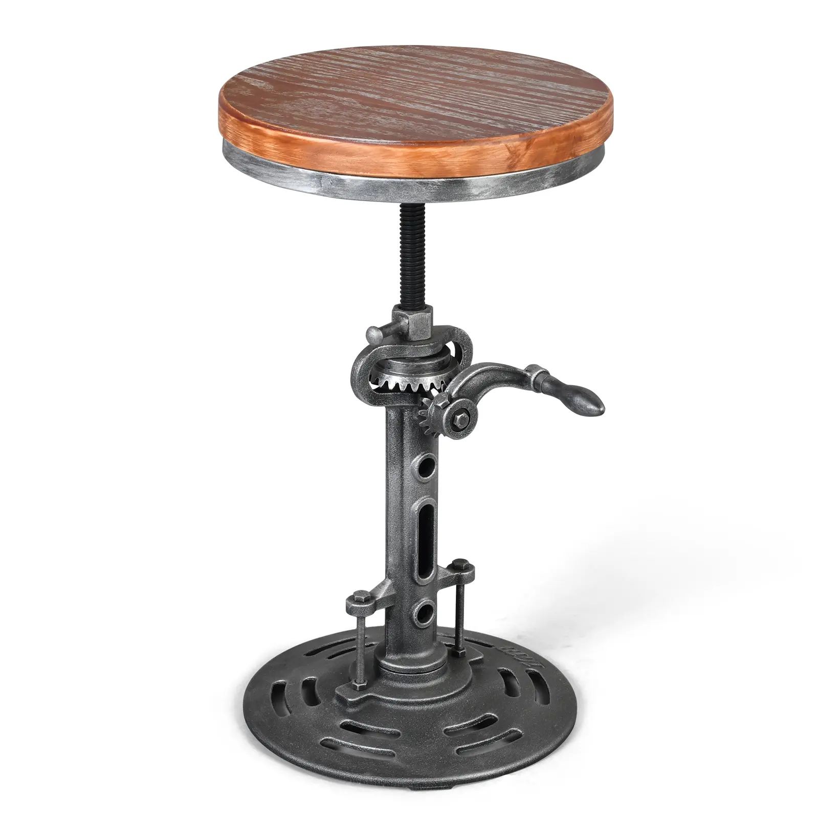 Vintage Bar Stool with Handle Crank Industrial Barstool for Kitchen Island 20.5-27inch Height Adjustable Antique Counter Stool Swivel Wooden Seat (Wood)