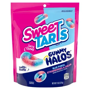 SweeTARTS Gummy Halos, Candy, Blue Punch and Strawberries and Cream, Tart and Chewy, Soft and Fluffy, 11 oz Bag