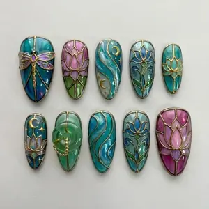 Handmade Stained Glass Lotus Press On Nails | 3D Gold Outline, Dragonfly, Jade Disc Charm, Moon & Swirls