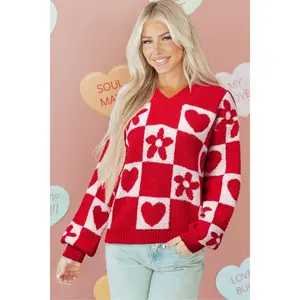 Fiery Red V Neck Flower Heart Detail Checkered Knit Loose Sweater