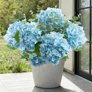 4 Pcs Hydrangea Artificial Flowers and 2 Pcs Eucalyptus Stems, 20'' Latex Real Touch Faux Hydrangea Lifelike Fake Flowers for Wedding Table Centerpieces Living Room Party Decor (Blue)