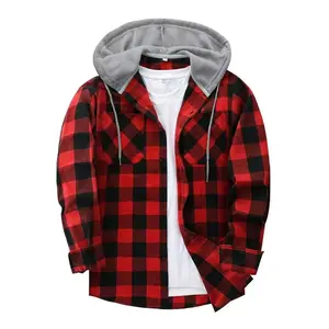 KZZ Men's Plaid Print Button Front Drawstring Hooded Shirt, Regular Fit Casual Long Sleeve Pocket Top, Men's Clothes for Daily Wear christmas gifts for him