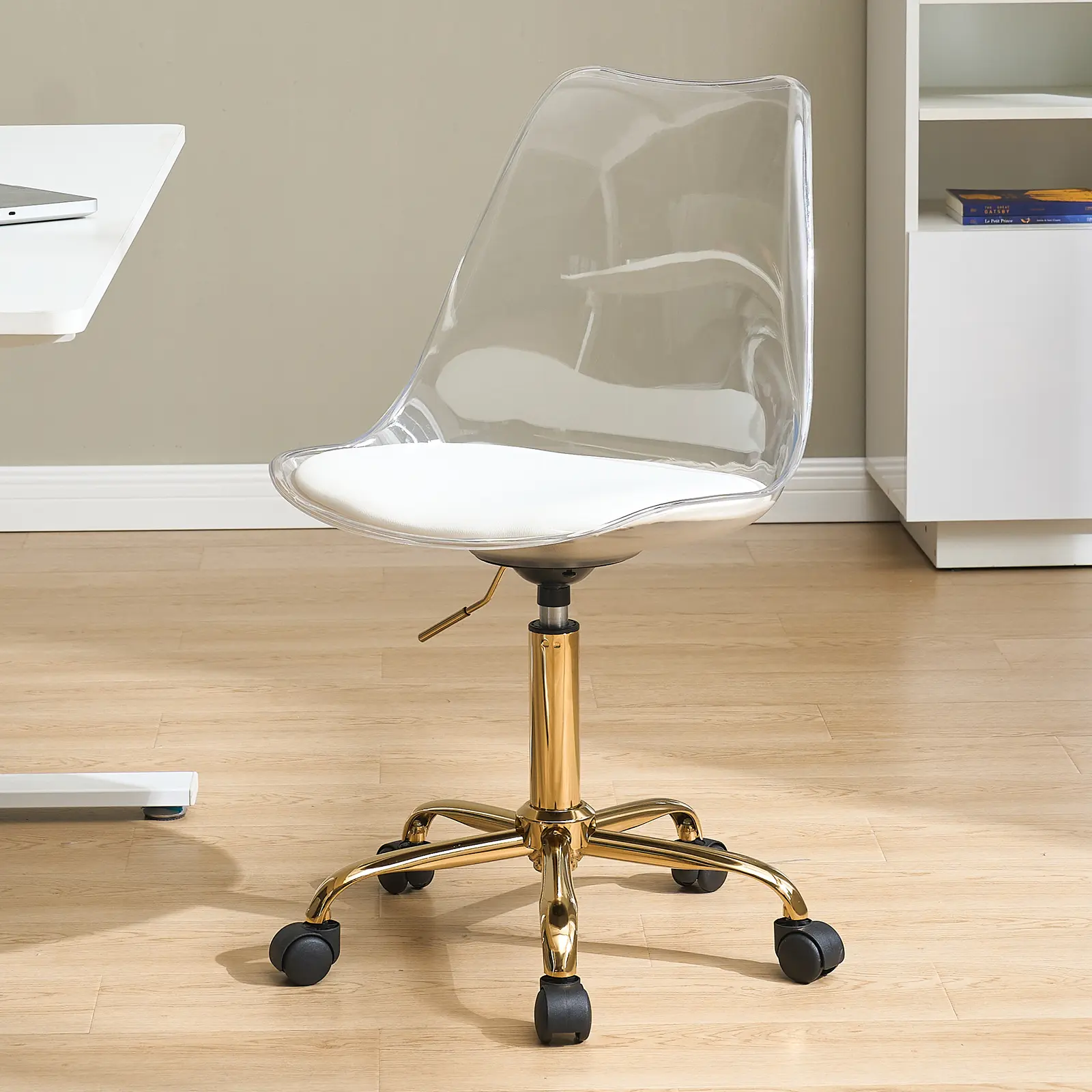 Lessmore Clear Acrylic Desk Chair Adjustable Height Home Office Chair with Pu Leather Cushion & Wheels, Rolling Armless Vanity Chair