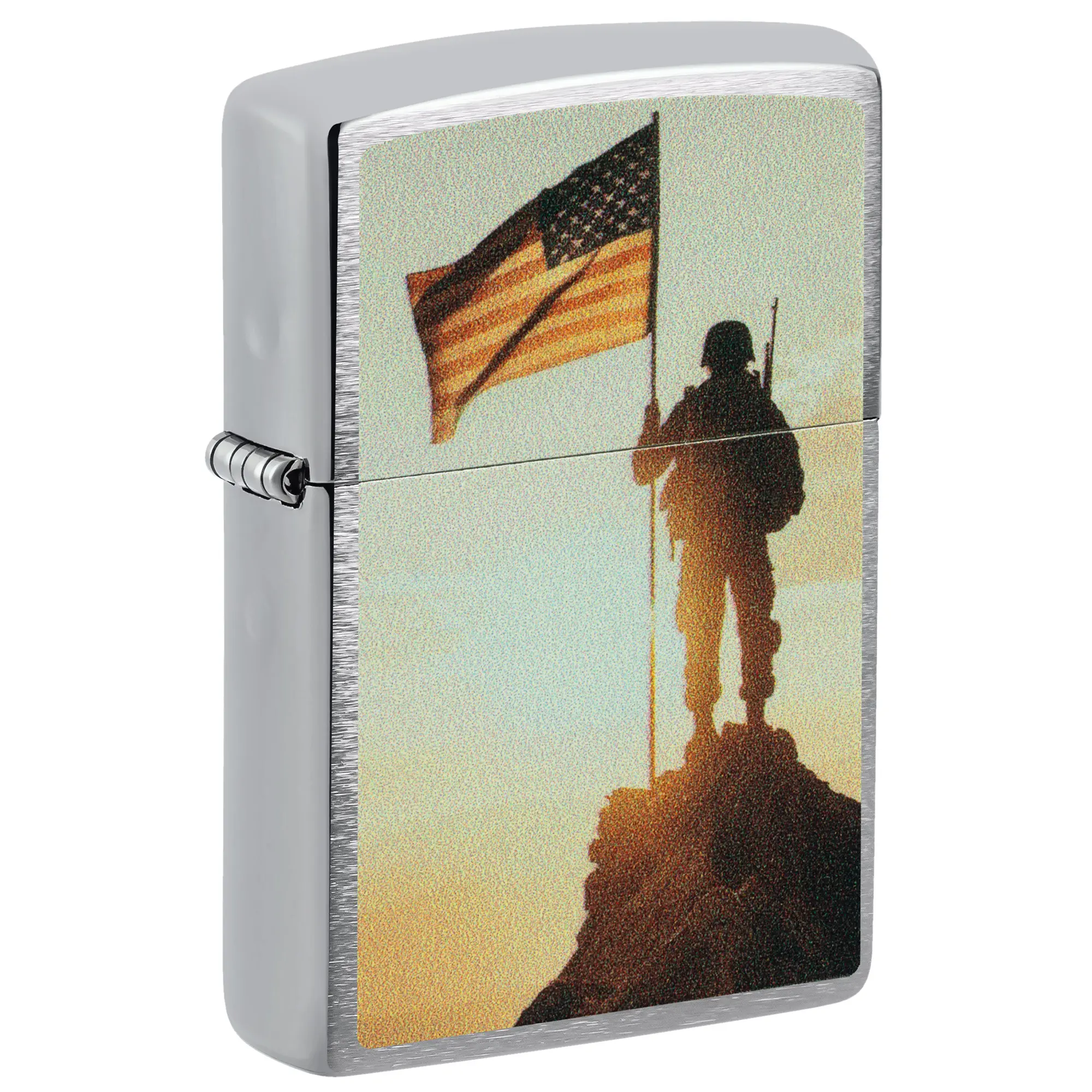 Zippo Soldier and Flag Design Brushed Chrome Pocket Lighter - Made in USA
