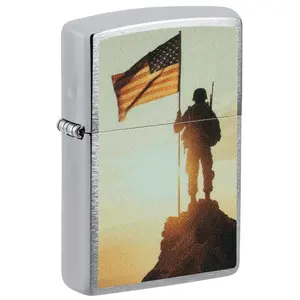 Zippo Soldier and Flag Design Brushed Chrome Pocket Lighter - Made in USA