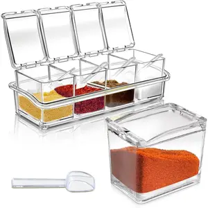 4-Cell Clear Seasoning Rack  Box Storage Container Condiment Jars  Seasoning Box with Cover and Spoon