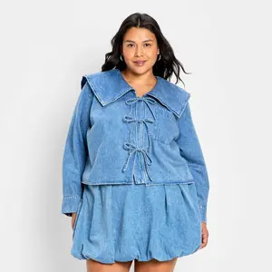 Women's Relaxed Flat Collar Long Sleeve Tie-Front Blouse - Future Collective Blue Denim 1X
