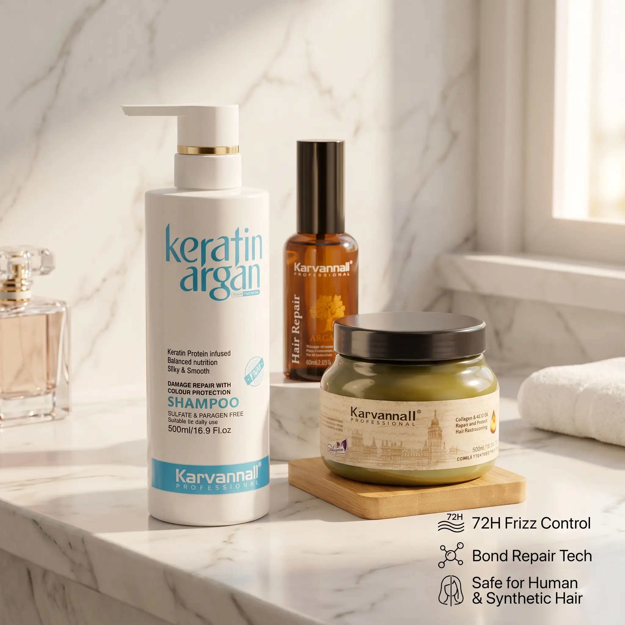 [BOGO Kit] Karvannall Professional Keratin+Acai Bond Repair Haircare Trio - Buy 1 Hair Mask Get 2 FREE (Shampoo, Argan Oil) - 3-Step 72H Frizz Control, Detangling, Glossy Smooth - Safe for Human & Synthetic Hair (16.9 fl.oz) with Brazilian Acai