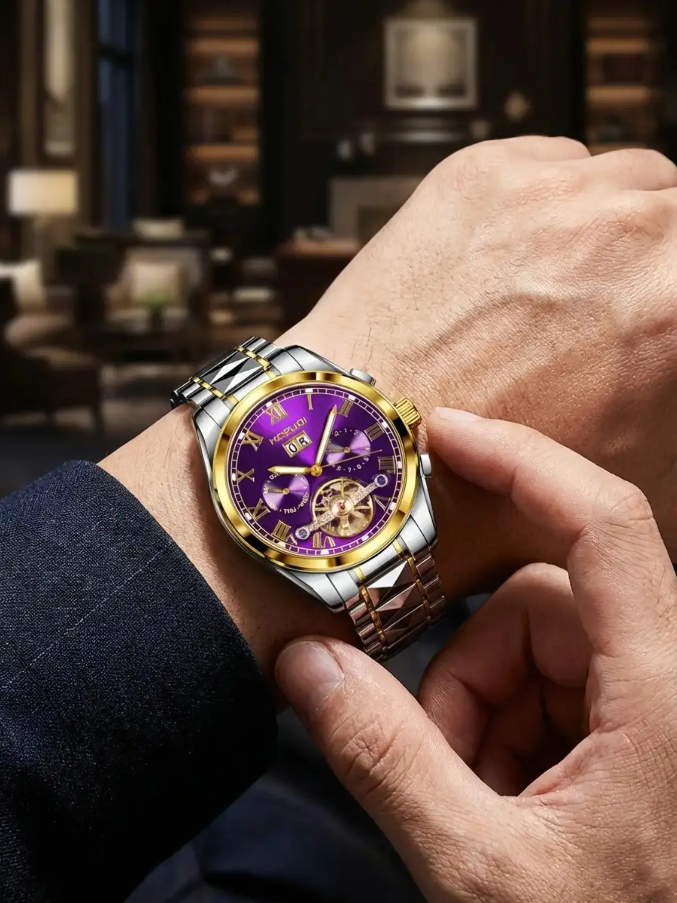 Men's Analog Watch with Mechanical Movement, Solid Pattern, Round Face, Alloy Case, Dial, Multi-Function, Precise Timekeeping