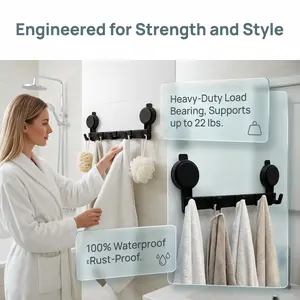 Damage Free Renter Friendly No Drill 5-Hook Vacuum Suction Wall Rack, Waterproof Rustproof Heavy Duty Hook for Towel Coat, No Screws Reusable Easy Install for Bathroom Entryway, Sticky Free Wall Organizer for Smooth Surfaces