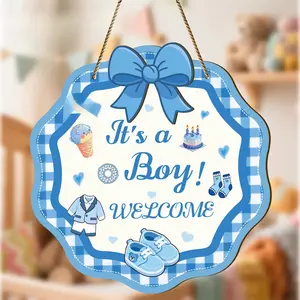 "it's a Boy" Blue Plaid Wooden Door Hanger, Cute Baby Elements, Welcome Sign, Perfect for Infant Room, Wedding, Birthday Decor