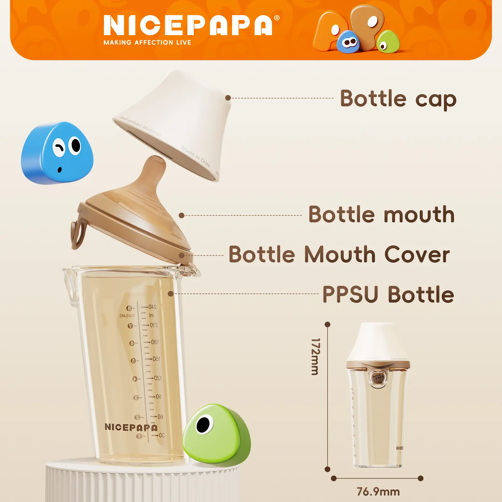 NICE PAPA Breastfeeding Bottle, 8 oz/240 ml PPSU Natural Flow Anti-Colic Baby Bottle with AirFree Vent, Multi-Level Slow Flow Nipple for 0+ Months Newborn Unisex Use, Feeding, Anti-Choking