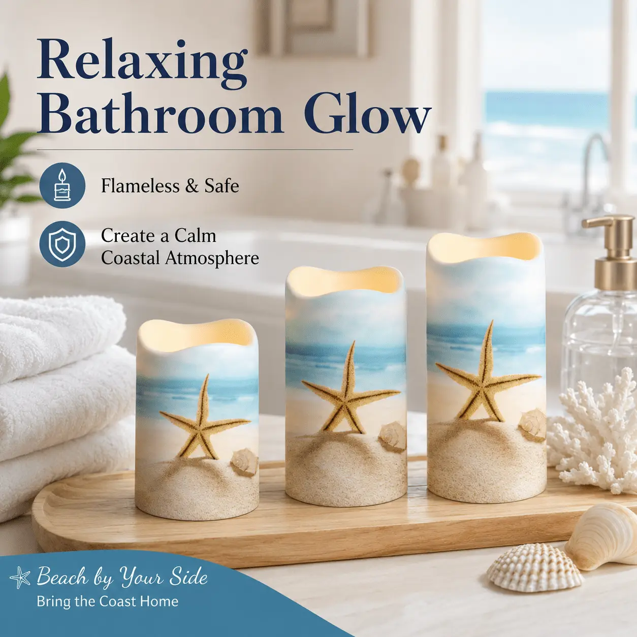 Coastal-themed flameless LED candles (3-pack), battery-powered, simulated flickering columnar candles with a 6-hour timer. Suitable for home décor, bedrooms, bathrooms, and festive occasions.