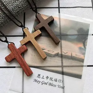Vintage Natural Walnut Wooden Cross Pendant Necklace Wood Rearview Mirror Adjustable Leather Cord for Men Women Prayer Spiritual Religious Jewelry