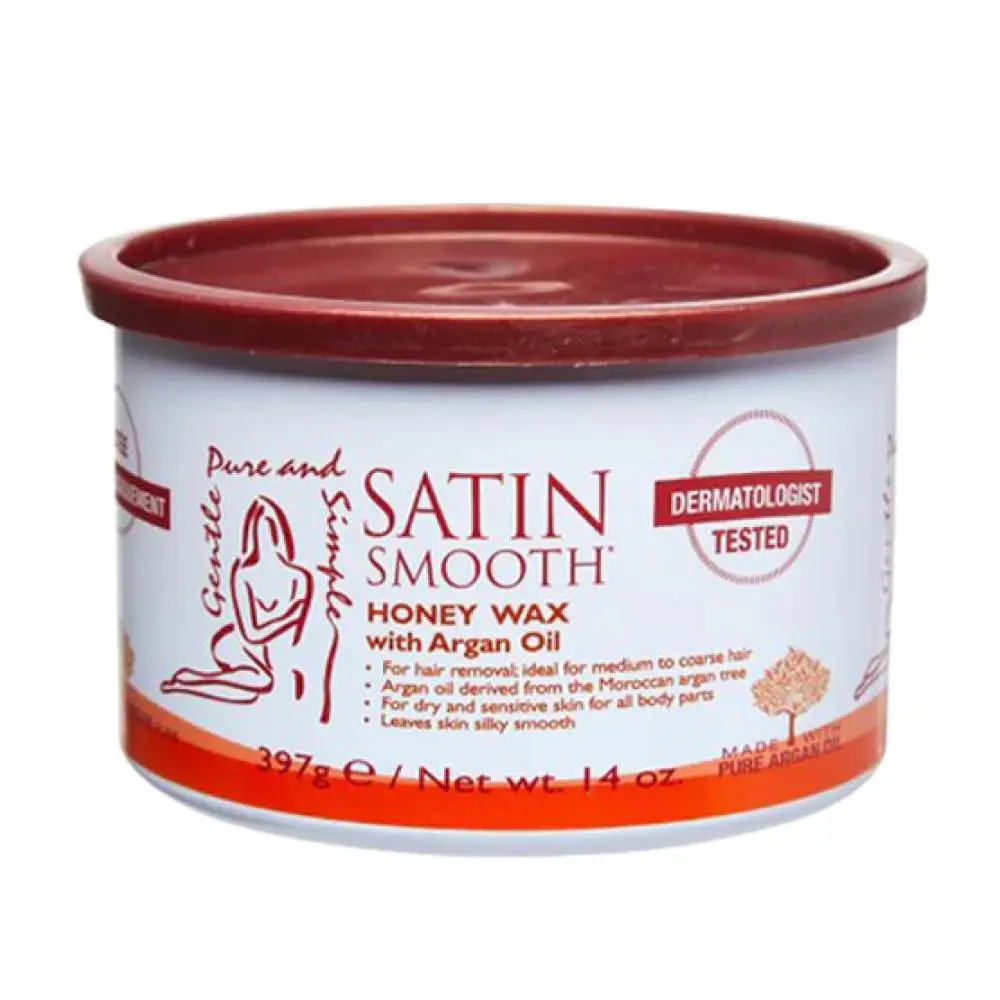 Satin Smooth Argan Oil-Infused Depilatory Honey Wax, Hydrating Formula for Dry & Sensitive Skin, Coarse to Medium Body Hair Removal, 14 oz Jar, Depilatory Wax